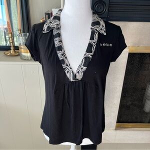 Black Bebe rhinestone v neck short sleeve top